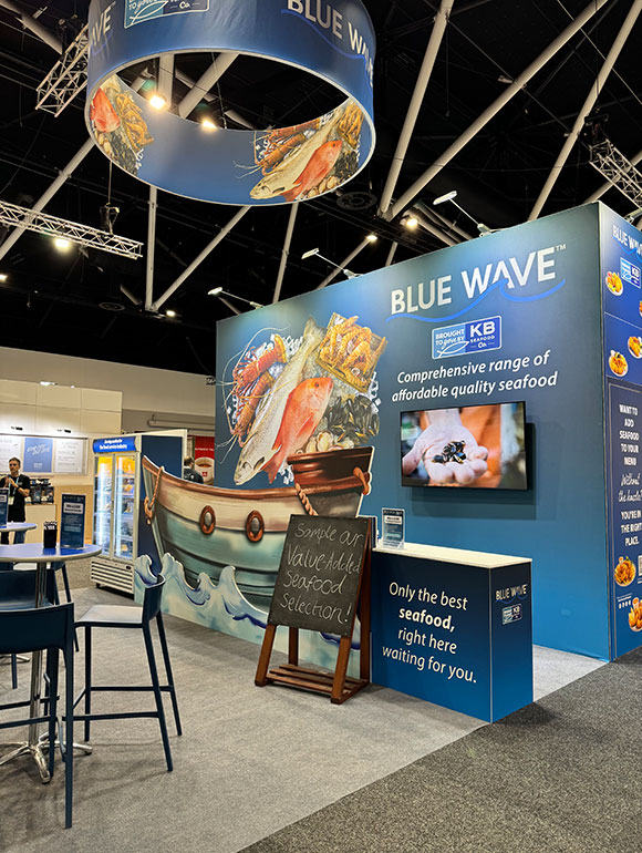 Raw seafood product display at Blue Wave Fine Food Sydney stand